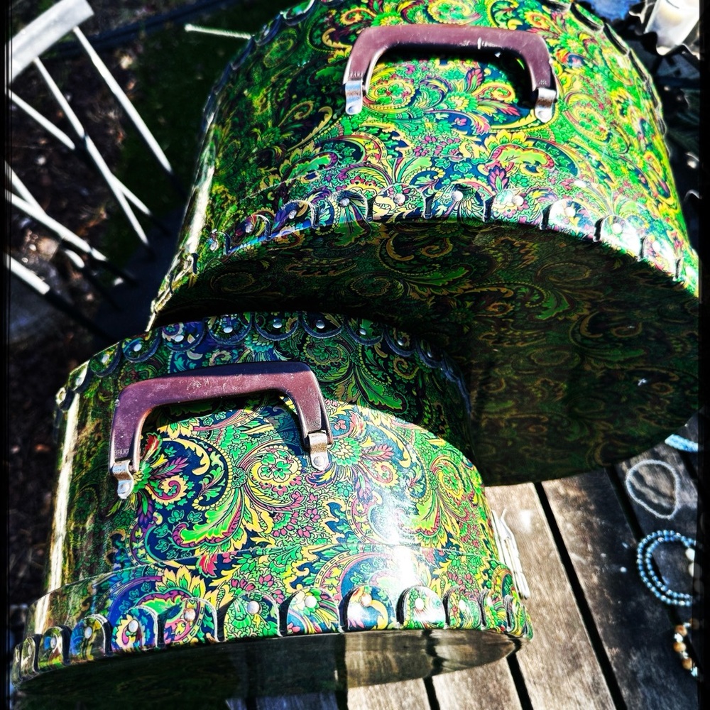 SALE 2 Nesting Vinyl Hat Trunks, Green Paisley. $125. Now: 2 @$70. - Picture 5 of 7